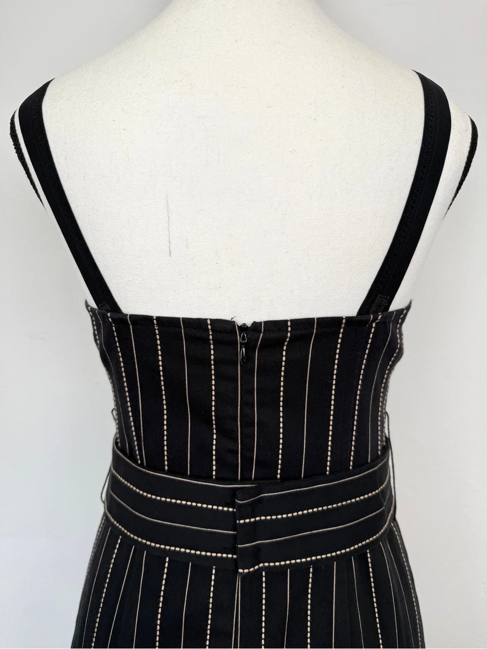 Vintage Nanette Lepore Size 6 Black Pinstripe Belted Corset Sheath Dress - Picture 9 of 13